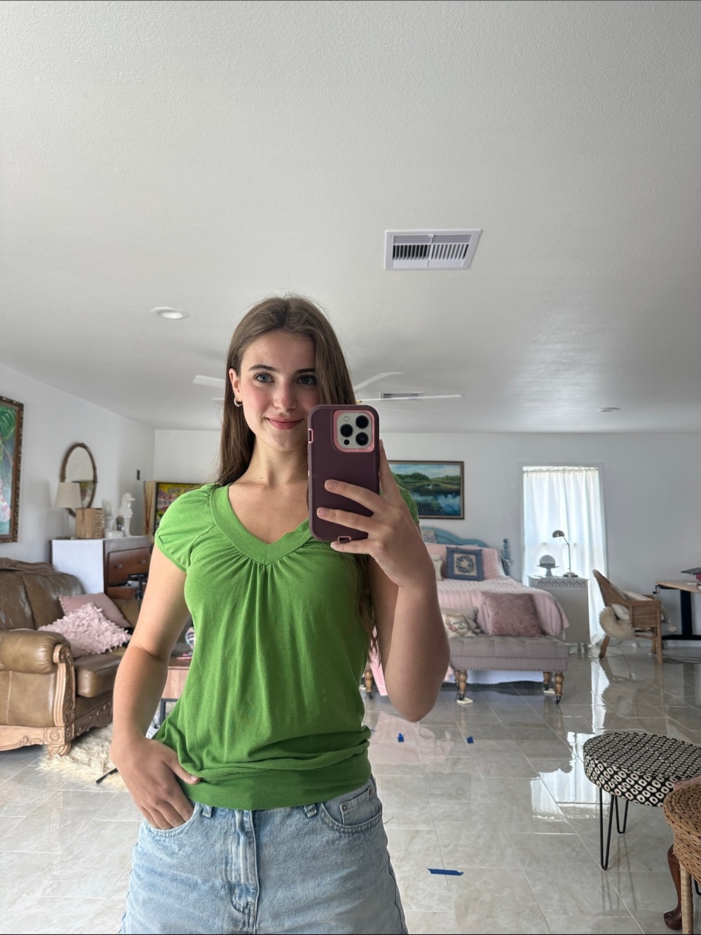 Weavers Green V-Neck Short Sleeve Tee with Gathered Front